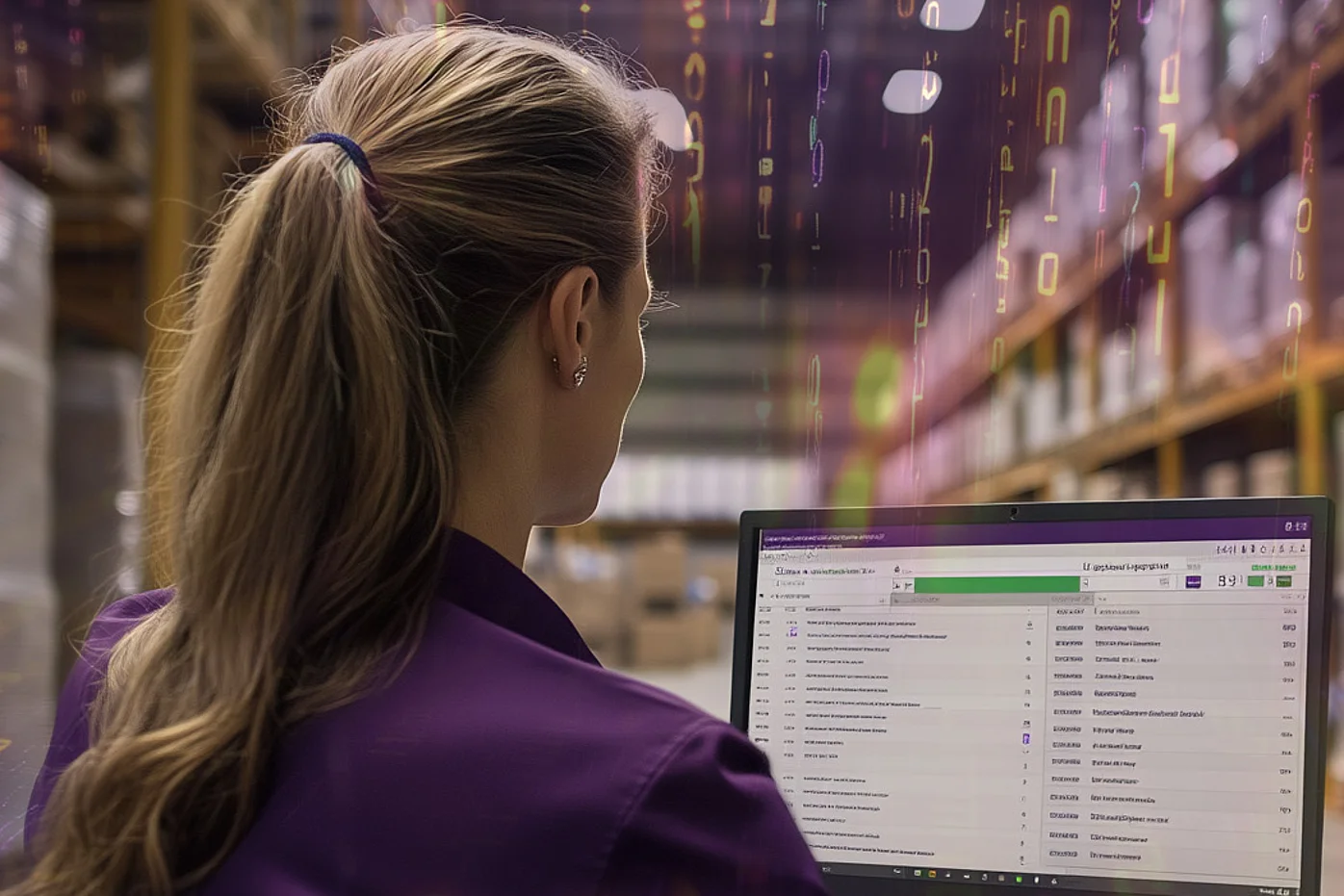 A warehouse employee works with a digital system to optimize the supply chain and embodies professional, growth-oriented logistics management.