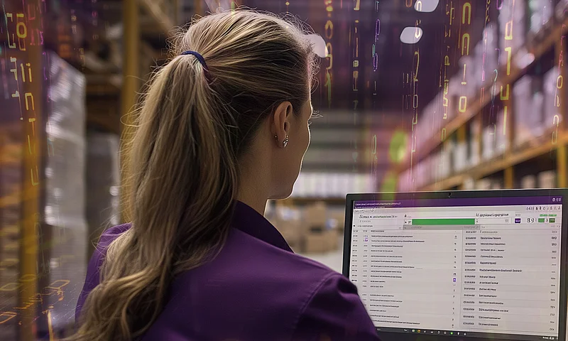 Mitarbeiterin analysiert Bestands- und Logistikdaten auf einem Laptop in einem Lager. Digitale Datenströme und Binärcodes symbolisieren datengetriebene Prozesse, Automatisierung und intelligente Lagerverwaltung.