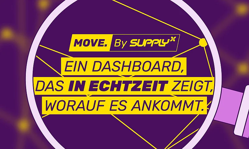 Eine Lupe, die den Text "MOVE. By SupplyX: Ein Dashboard, das in Echtzeit zeigt worauf es ankommt" auf einem lilafarbenen Hintergrund mit einem Netzwerk-Muster vergrößert. Das Bild symbolisiert Echtzeit-Transparenz und Datenvisualisierung.