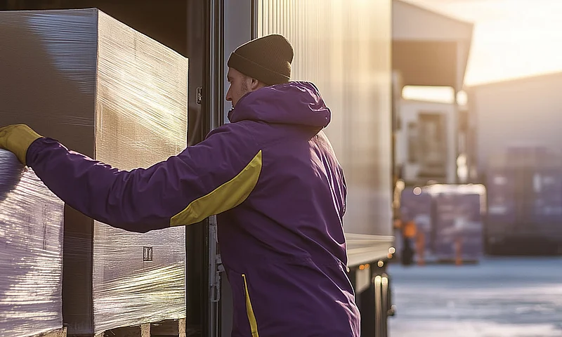 Logistikmitarbeiter belädt einen Lkw mit palettierten Waren auf einem Betriebsgelände. Die Szene zeigt den Warenausgang und effiziente Prozesse in Transportlogistik und Lieferkettenmanagement.
