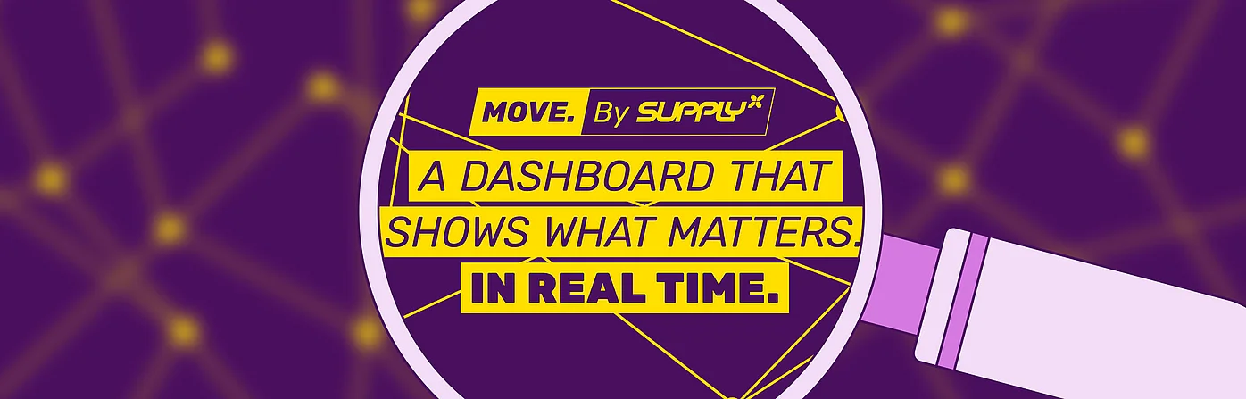A magnifying glass highlighting the text "MOVE. By SupplyX: A dashboard that shows what matters in real time" against a purple background with a network pattern. The image symbolizes real-time transparency and data visualization.