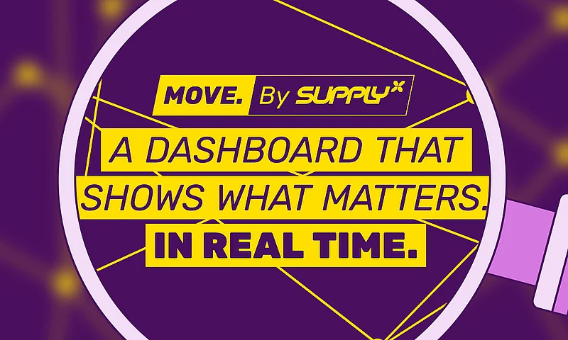 A magnifying glass highlighting the text "MOVE. By SupplyX: A dashboard that shows what matters in real time" against a purple background with a network pattern. The image symbolizes real-time transparency and data visualization.