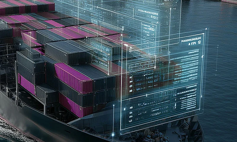 Containerschiff mit gestapelten Frachtcontainern und digital eingeblendeten Datenanalysen. Die Illustration zeigt den Einsatz von Echtzeitdaten, Transparenz und digitalen Technologien im modernen Supply Chain Management.