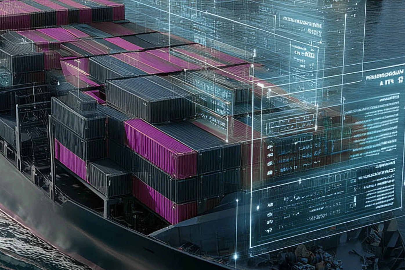 A container ship featuring digital data overlays symbolizes AI-driven planning reliability and transparency in growing supply chains.