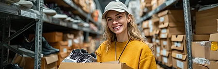A warehouse worker holding a cardboard box and shoes symbolizes how AI-powered, data-driven planning improves product availability and enables dynamic management during bottlenecks.