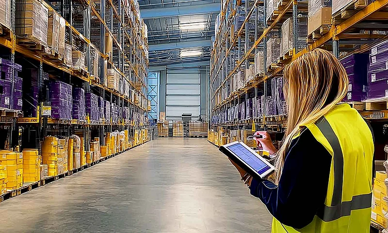 Mitarbeiterin in Warnweste prüft Lagerbestände mit einem Tablet in einem modernen Hochregallager. Regale mit Paletten und Warenkartons verdeutlichen effiziente Lagerverwaltung und Bestandskontrolle.