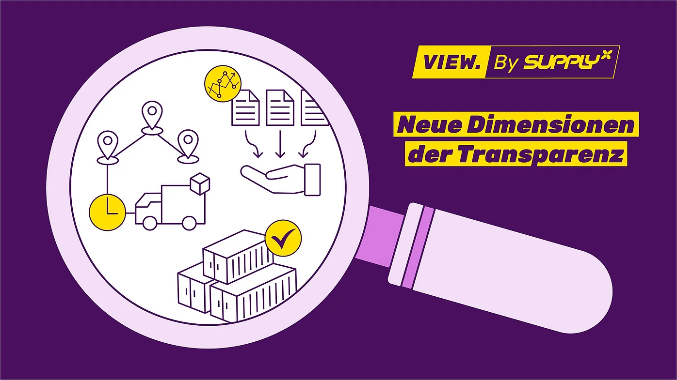 Eine Lupe, die eine digitale Darstellung einer transparenten Lieferkette zeigt, mit Elementen wie LKWs, Containern, Dokumenten und Standortmarkierungen, symbolisiert "VIEW. By SupplyX" und "Neue Dimensionen der Transparenz".