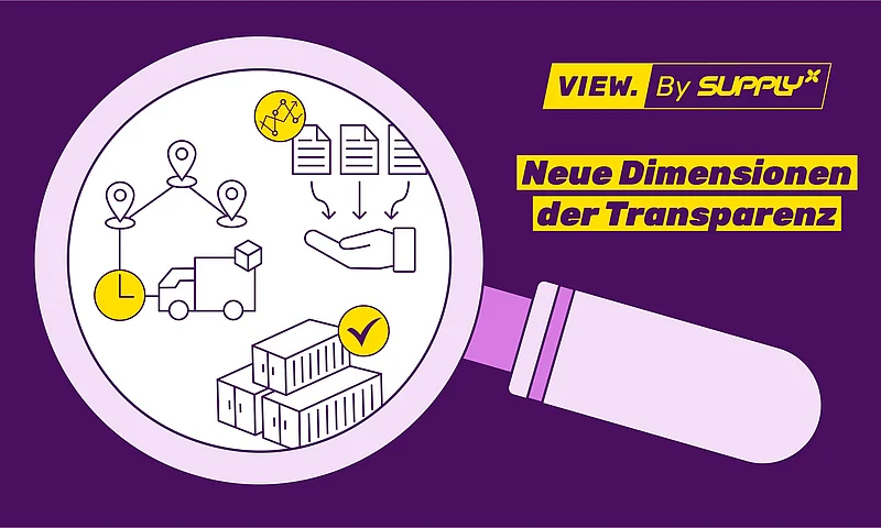 Eine Lupe, die eine digitale Darstellung einer transparenten Lieferkette zeigt, mit Elementen wie LKWs, Containern, Dokumenten und Standortmarkierungen, symbolisiert "VIEW. By SupplyX" und "Neue Dimensionen der Transparenz".