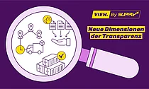 Eine Lupe, die eine digitale Darstellung einer transparenten Lieferkette zeigt, mit Elementen wie LKWs, Containern, Dokumenten und Standortmarkierungen, symbolisiert "VIEW. By SupplyX" und "Neue Dimensionen der Transparenz".