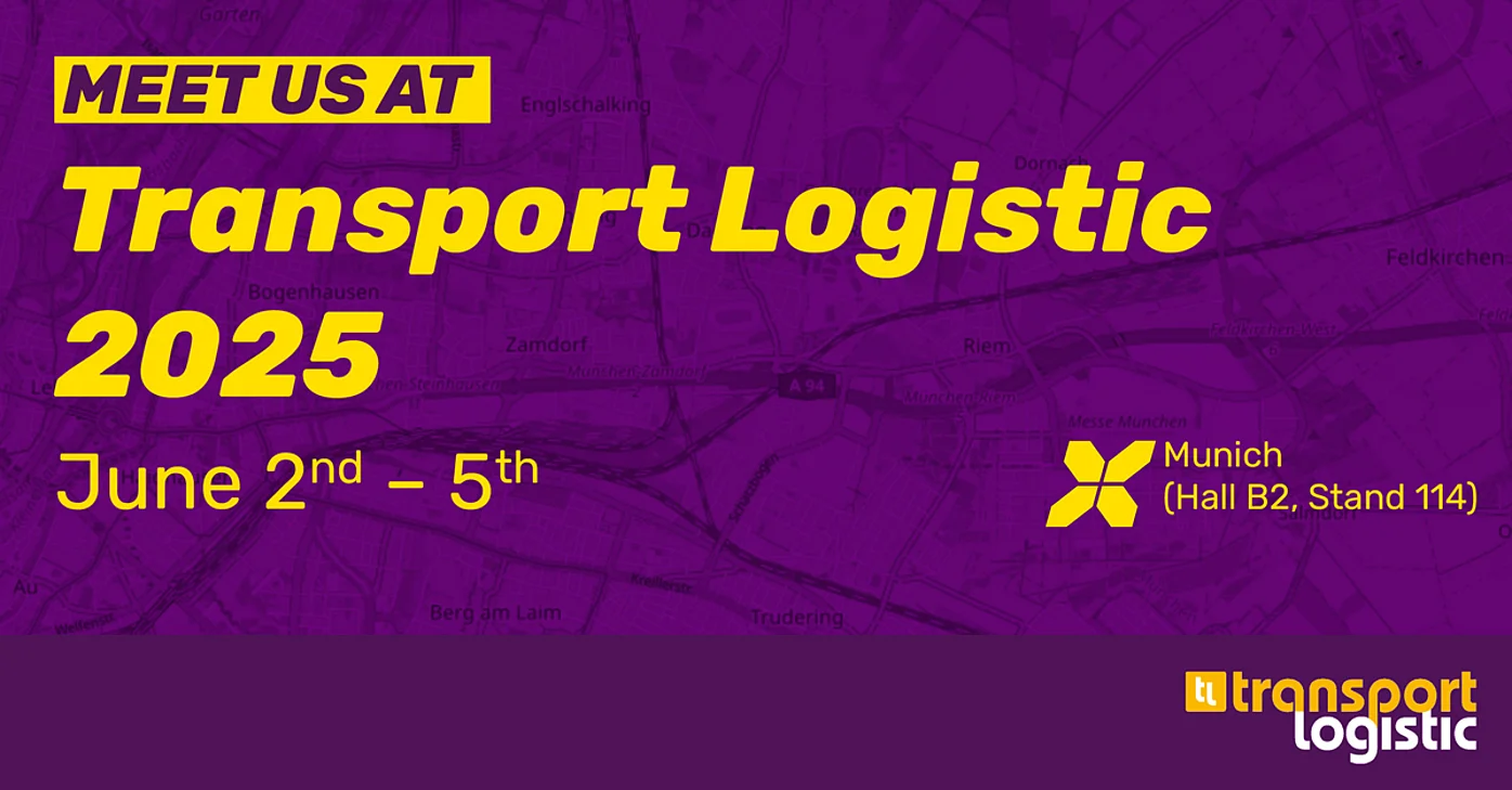 Werbegrafik für die Messe "Transport Logistic 2025" mit den Daten "June 2nd – 5th", dem SupplyX-Logo und der Standnummer "Munich (Hall B2, Stand 114)" auf einem lila Hintergrund mit stilisierten Kartenelementen.