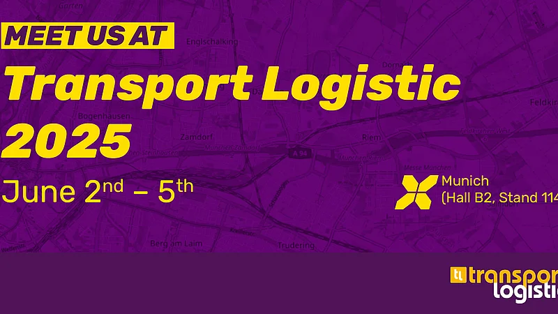 Werbegrafik für die Messe "Transport Logistic 2025" mit den Daten "June 2nd – 5th", dem SupplyX-Logo und der Standnummer "Munich (Hall B2, Stand 114)" auf einem lila Hintergrund mit stilisierten Kartenelementen.