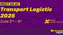 Werbegrafik für die Messe "Transport Logistic 2025" mit den Daten "June 2nd – 5th", dem SupplyX-Logo und der Standnummer "Munich (Hall B2, Stand 114)" auf einem lila Hintergrund mit stilisierten Kartenelementen.