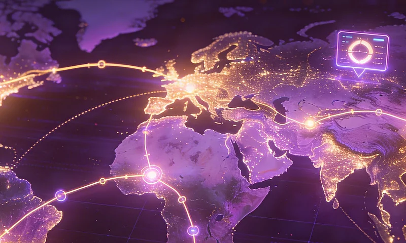 Digitale Weltkarte mit vernetzten Handelsrouten, Echtzeit-Datenanalysen und Frachtschiffen. Die Illustration zeigt globale Lieferketten, internationale Logistik und datengetriebenes Supply Chain Management.
