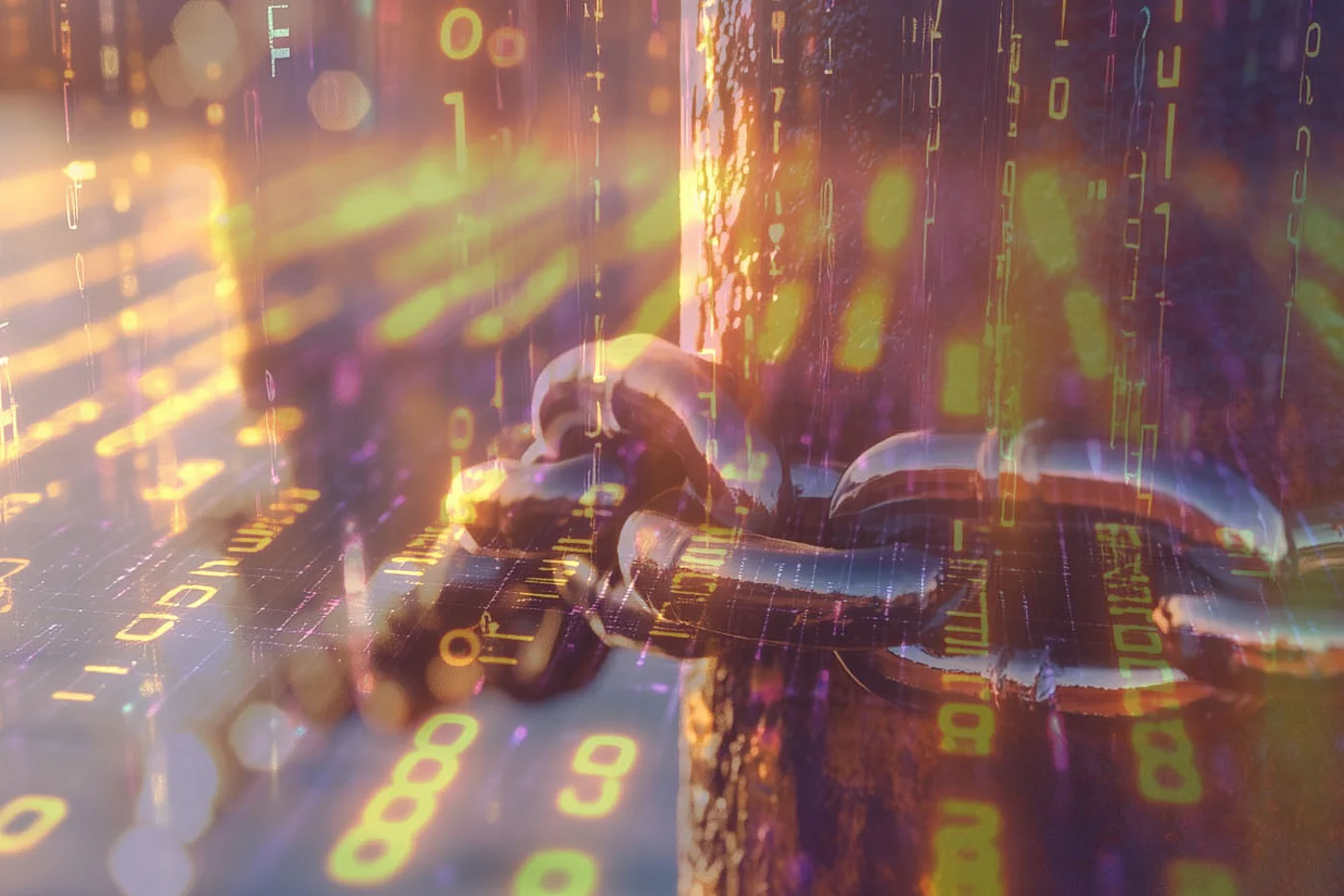 Kette mit digitalen Datenströmen symbolisiert stabile Lieferketten und Wettbewerbsvorteile durch datenbasiertes Supply Chain Management.
