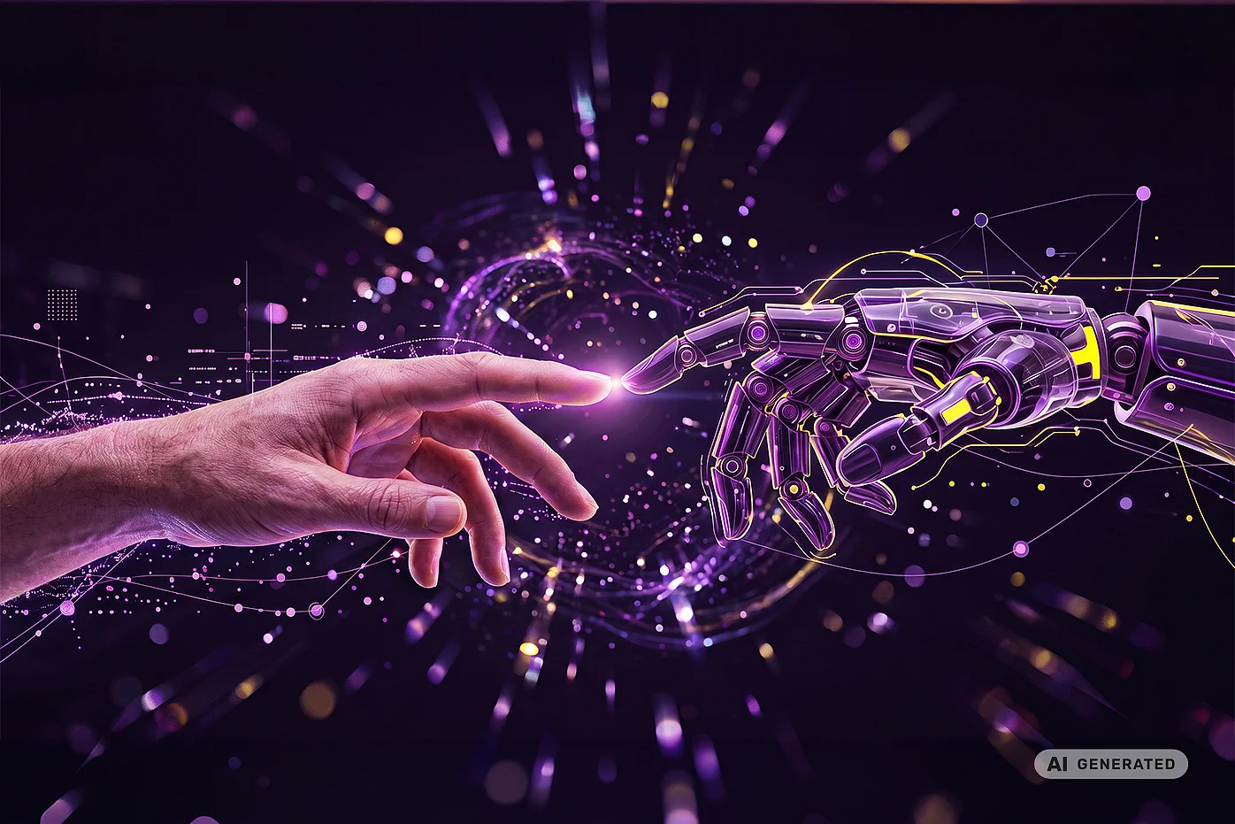 Eine menschliche Hand und eine Roboterhand berühren sich vor digitalem Hintergrund – Symbol für die Verbindung von menschlicher Expertise und Künstlicher Intelligenz in der Lieferkette.