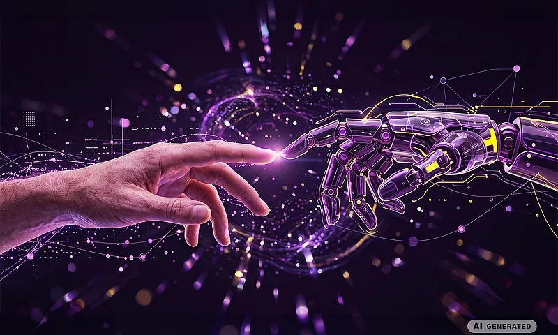 Eine menschliche Hand und eine Roboterhand berühren sich vor digitalem Hintergrund – Symbol für die Verbindung von menschlicher Expertise und Künstlicher Intelligenz in der Lieferkette.
