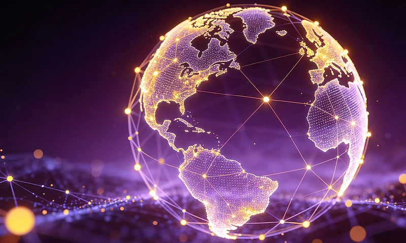 Leuchtende digitale Weltkugel mit vernetzten Datenpunkten und globalen Verbindungen. Die Illustration symbolisiert internationale Lieferketten, digitale Transformation, Datenanalyse und weltweite Vernetzung.