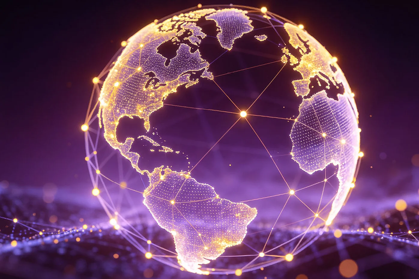 Leuchtende digitale Weltkugel mit vernetzten Datenpunkten und globalen Verbindungen. Die Illustration symbolisiert internationale Lieferketten, digitale Transformation, Datenanalyse und weltweite Vernetzung.