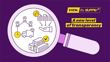 A magnifying glass displaying a digital representation of a transparent supply chain, with elements like trucks, containers, documents, and location markers, symbolizing "VIEW. By SupplyX" and "A new level of transparency".