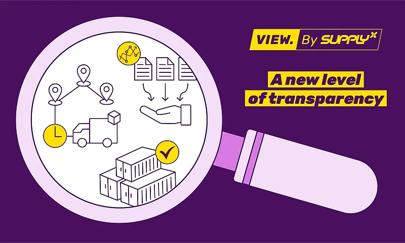 A magnifying glass displaying a digital representation of a transparent supply chain, with elements like trucks, containers, documents, and location markers, symbolizing "VIEW. By SupplyX" and "A new level of transparency".