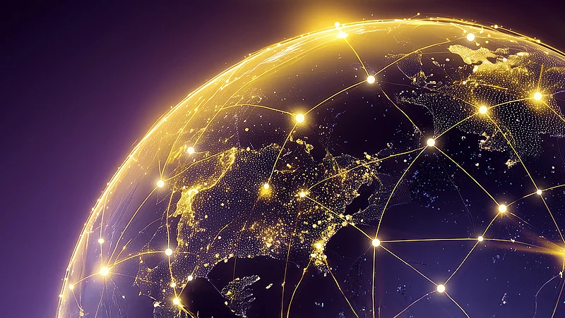 Eine leuchtende, digitale Darstellung der Erde, umspannt von einem globalen Netzwerk aus Verbindungen und Lichtpunkten, das die vernetzte und digitale SupplyX-Lieferkette symbolisiert.