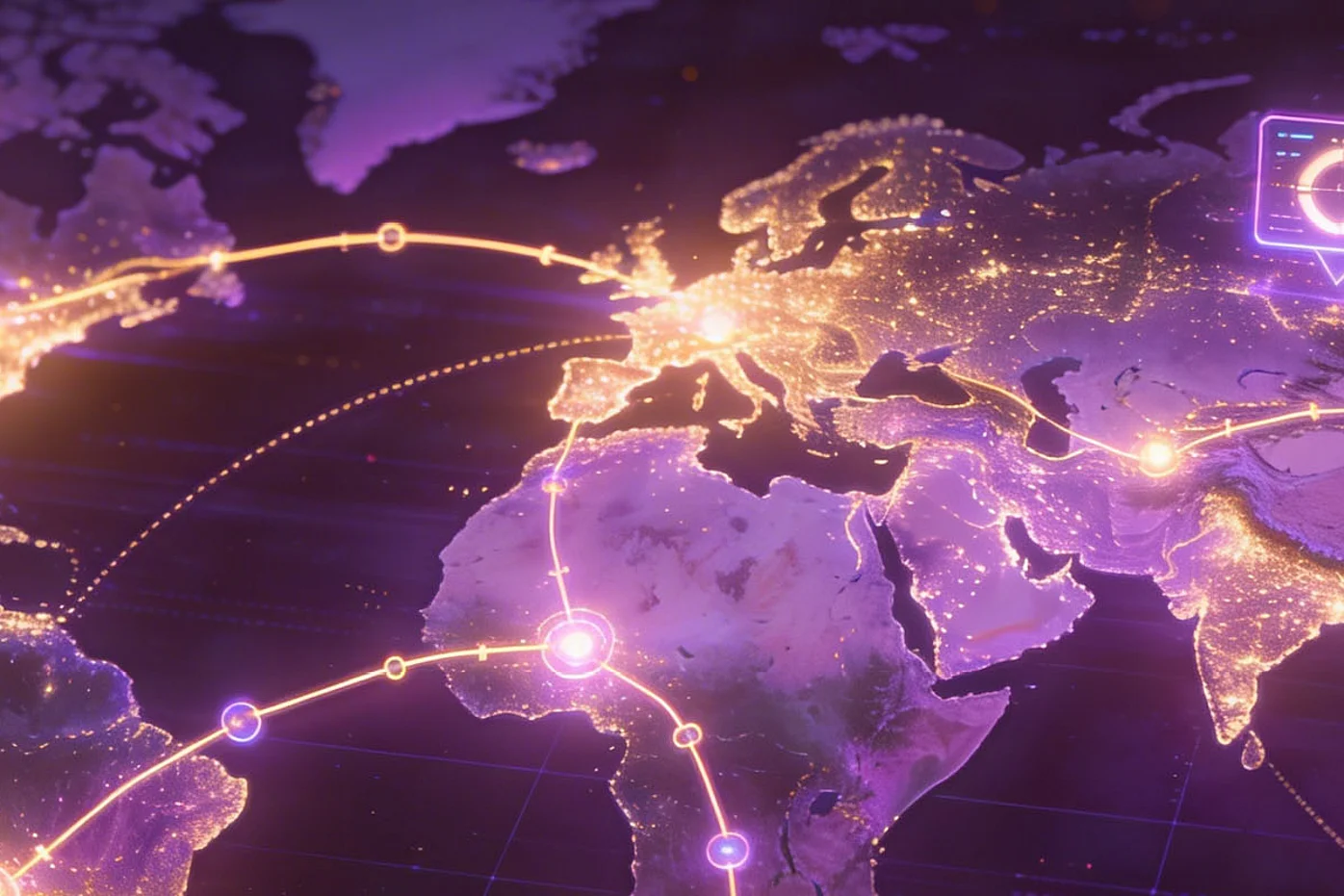 Leuchtende Weltkarte mit digitalen Logistiknetzwerken symbolisiert Auftragspriorisierung in Echtzeit und das smarte Ausgleichen von Kapazitätsengpässen in globalen Lieferketten.