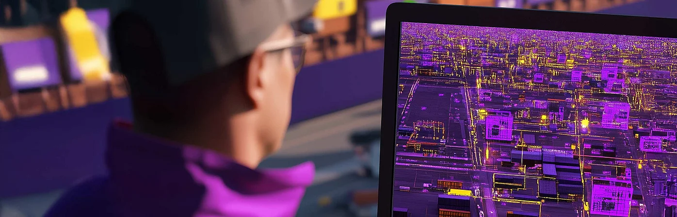 Eine Person betrachtet einen Bildschirm, der digitale Daten oder ein Dashboard mit lila Grafiken anzeigt. Das Bild repräsentiert die Umsetzung der Digitalisierung im SCM, passend zum SupplyX Barometer.