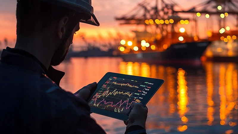 Ein Logistikmitarbeiter betrachtet bei Dämmerung auf einem Tablet digitale Daten, im Hintergrund ein beleuchteter Hafen mit Containerschiffen und Kranen.
