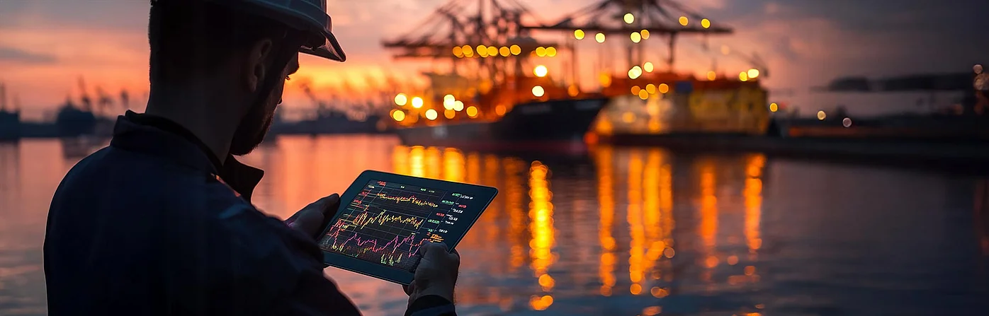 Ein Logistikmitarbeiter betrachtet bei Dämmerung auf einem Tablet digitale Daten, im Hintergrund ein beleuchteter Hafen mit Containerschiffen und Kranen.