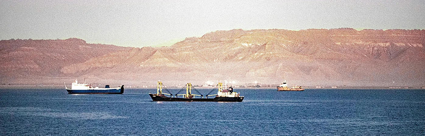 Mehrere Containerschiffe auf dem Wasser vor einer bergigen Landschaft, die den Suezkanal symbolisieren. Das Bild veranschaulicht die aktuelle Lage der globalen Lieferketten, auf die SupplyX vorbereitet ist.