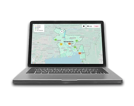 Digitale Lieferantenkarte auf einem Laptop mit Produktionsstandorten in Bangladesch zur Analyse von Lieferketten, Beschaffungsnetzwerken und Transparenz in der Supply Chain.